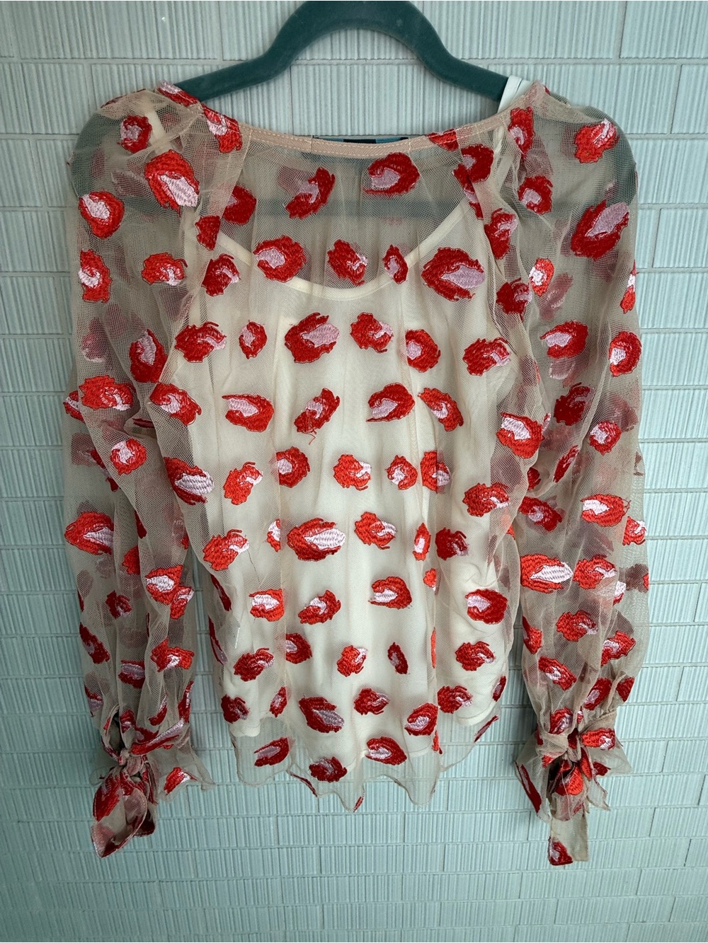 Eva Franco Cream Sheer Blouse with Red Lip Sequin Appliqués
